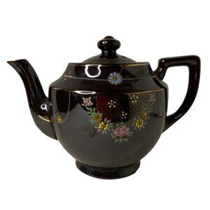 Vintage 1940's Glossy Brown Ceramic Teapot Moriage Painted Flower Made‎ in Japan